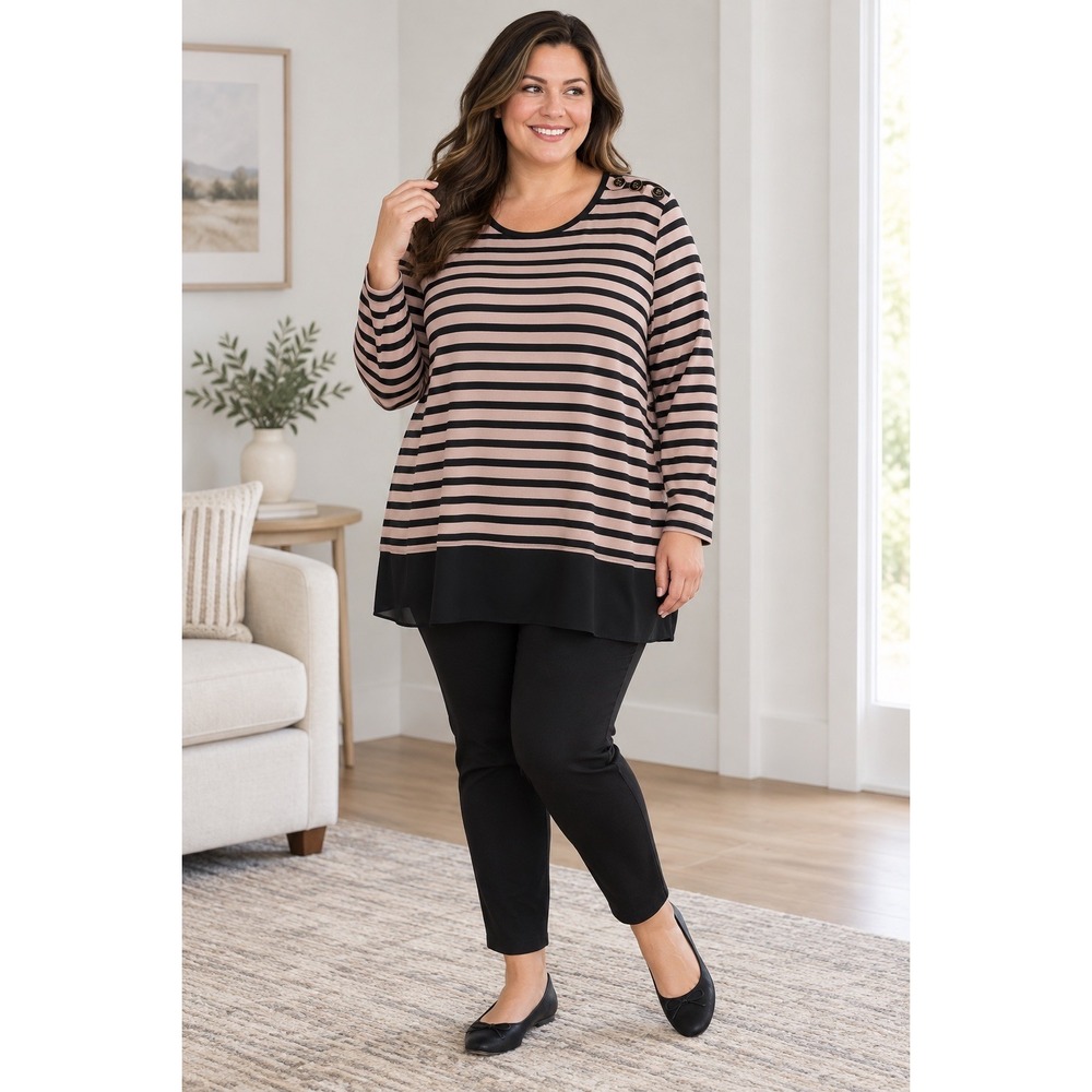 Susan Graver Tan/Black Striped Long Sleeve (XL) Tunic Top Casual Travel Stretch
